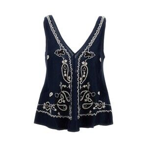 Parosh Intricately Embroidered Blue Linen Top With V-Neckline - NWT